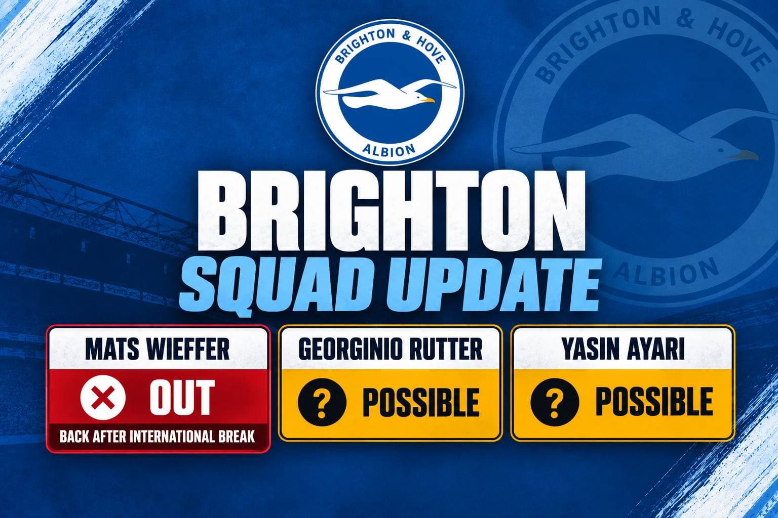 Brighton midfielder Mats Wieffer, who will remain sidelined until after the international break.