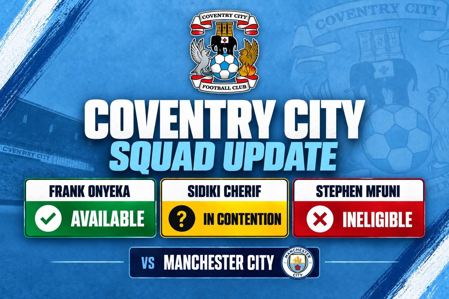 Coventry City midfielder Frank Onyeka, who is available to return against Manchester City.